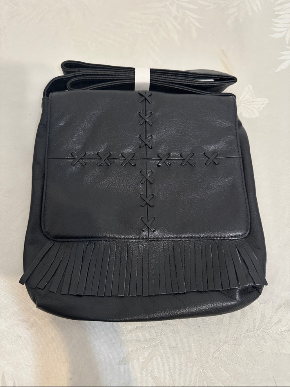 Black leather Fringe Crossbody Bag with Woven Detail - Women Bags